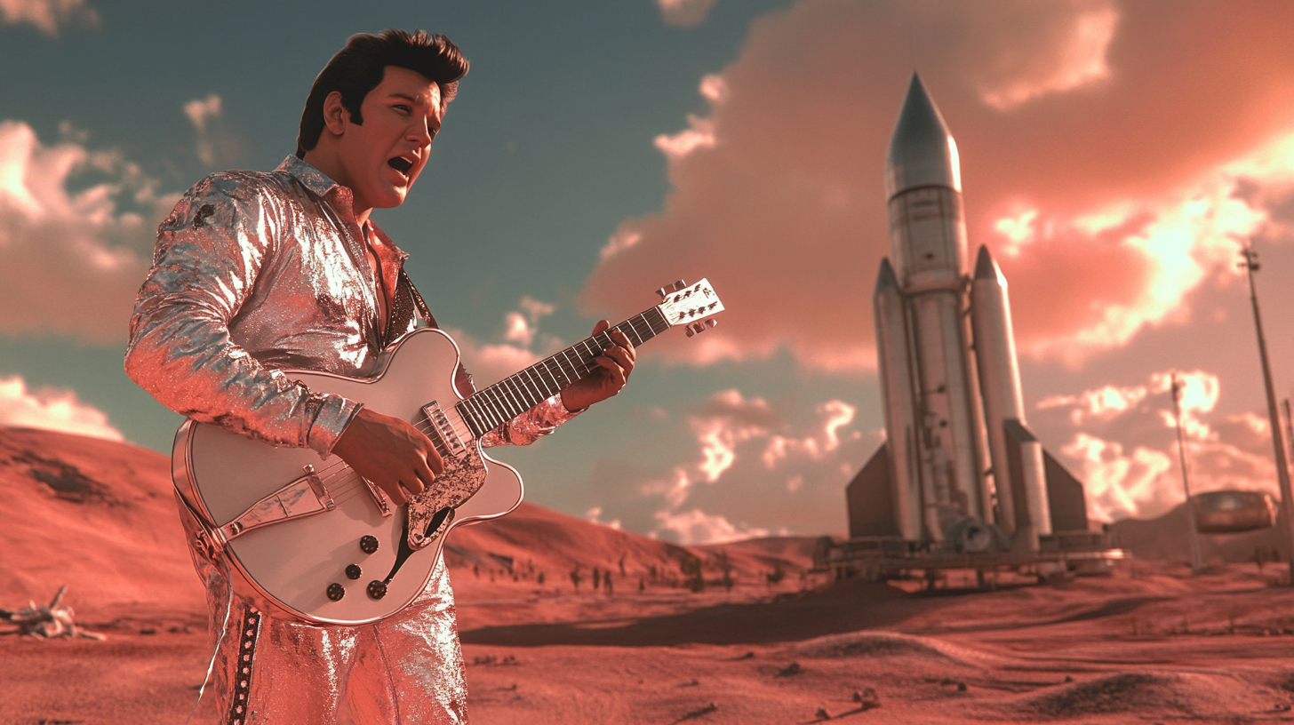 Elvis Presley singing on Mars with guitar.