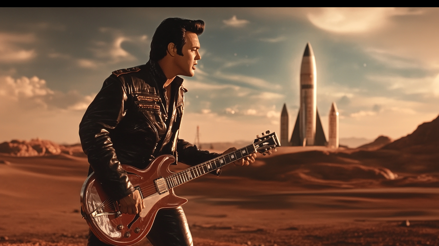 Elvis Presley sings on Mars with guitar.