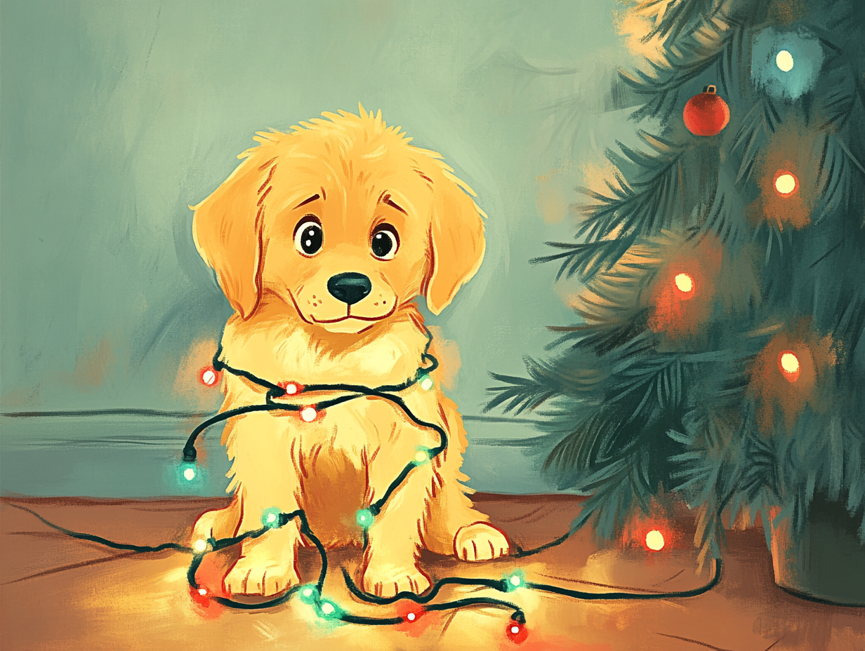 Embarrassed golden retriever puppy wrapped in Christmas lights.