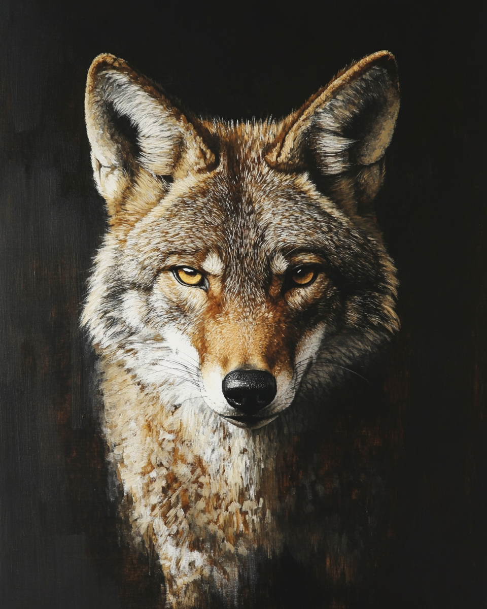 Embrandt's Realistic Coyote Portrait with Dramatic Lighting