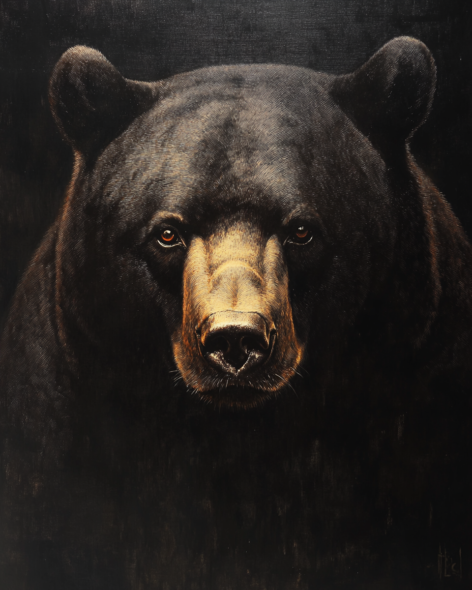 Embrandt's Realistic Portrait: Massive Black Bear Towering Seriously