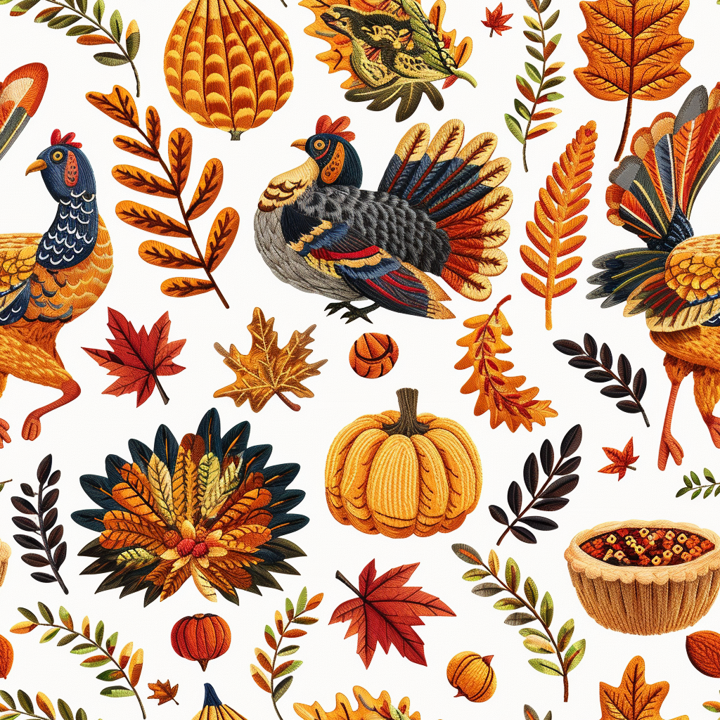 Embroidered boho Thanksgiving design with turkey and pumpkins.