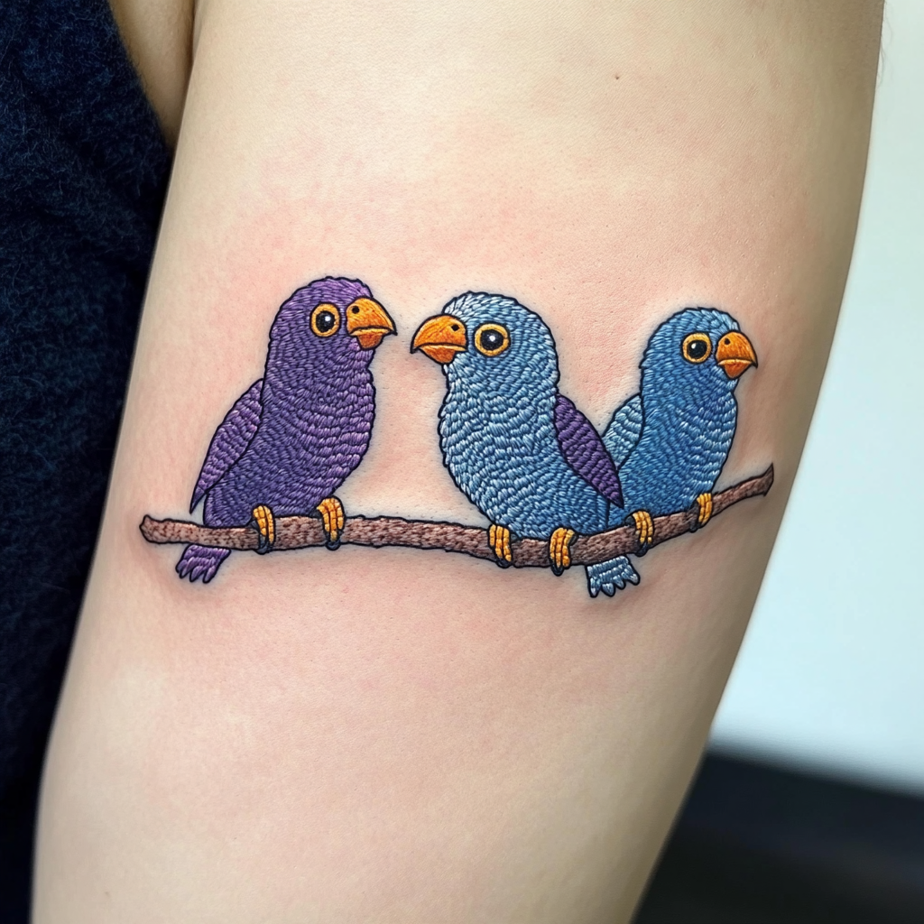 Embroidered tattoo of 3 ringneck birds on branch.