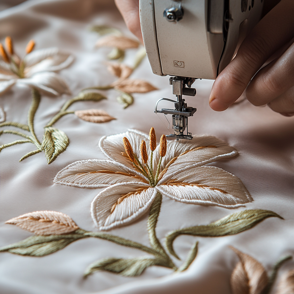 Embroidery artist creates lily flower design on silk