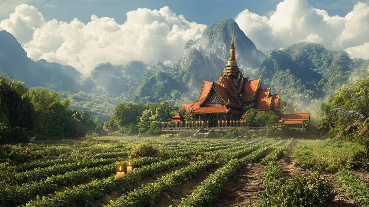 Emerald Fields, Thai Building, Candle Holograms, Vibrant Landscape