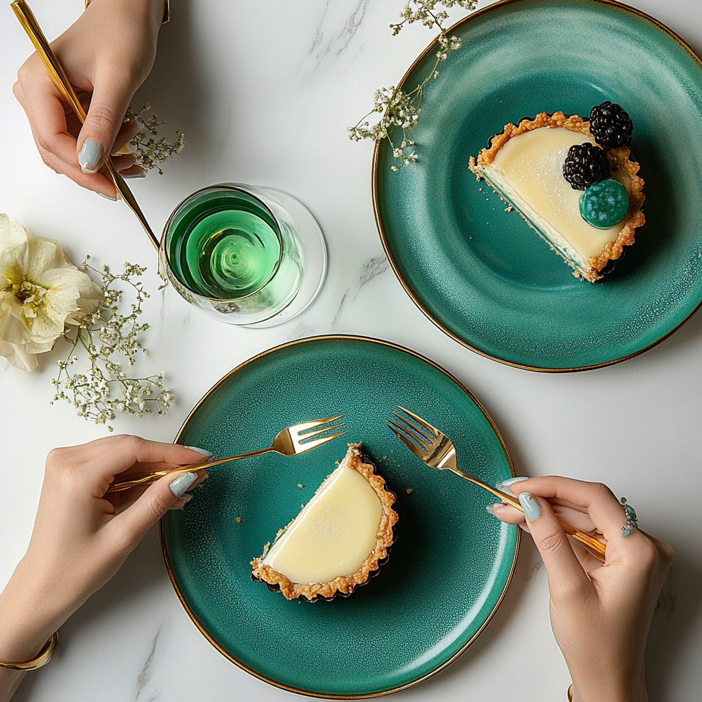 Emerald-dressed person eats beautiful layered tart, champagne glass.