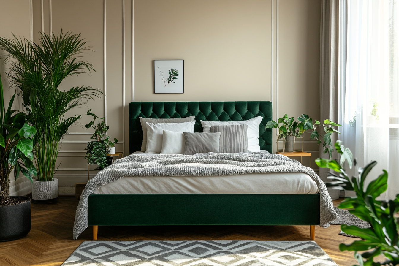 Emerald green bed with grey pillows in bedroom