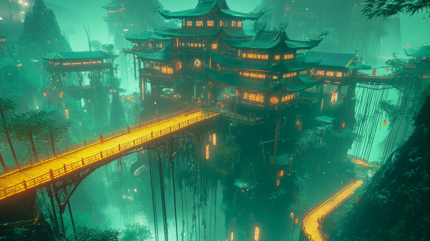 Emerald palace on wild island merges Chinese, alien tech.