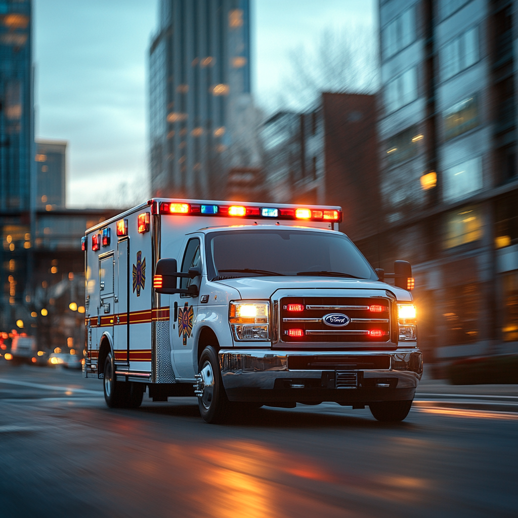 Emergency Ambulance Speeding Through Busy City Street