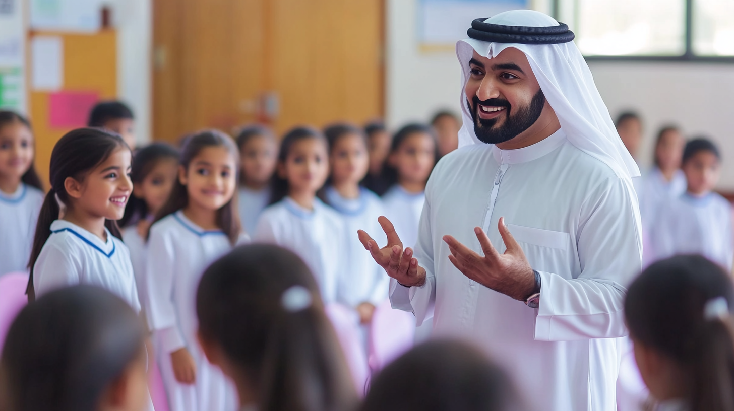 Emirati man in traditional wear talking to school kids.