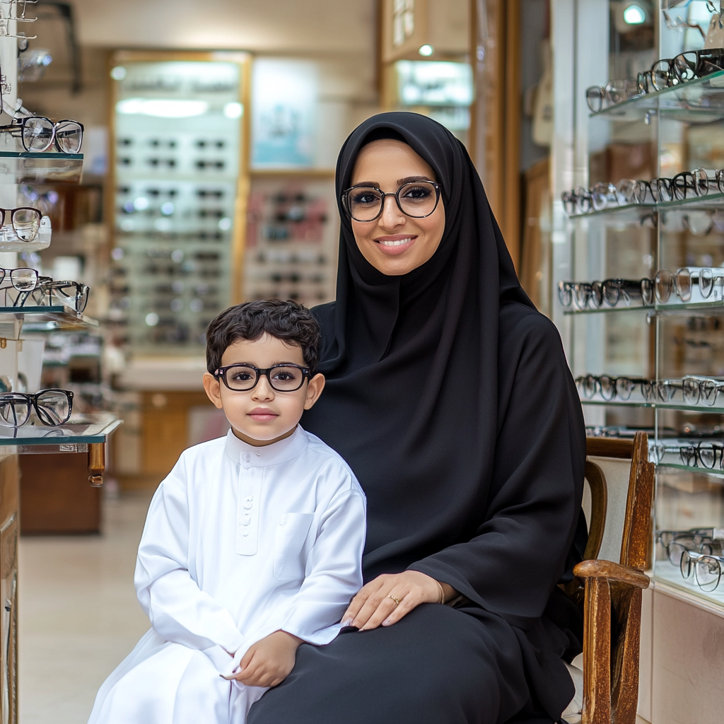 Emirati woman in black abaya at optical shop with child in white robe - Canon EOS R5 capture