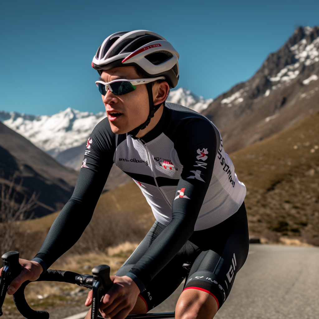 Emmanuel Macron lookalike rides road bike in mountains.