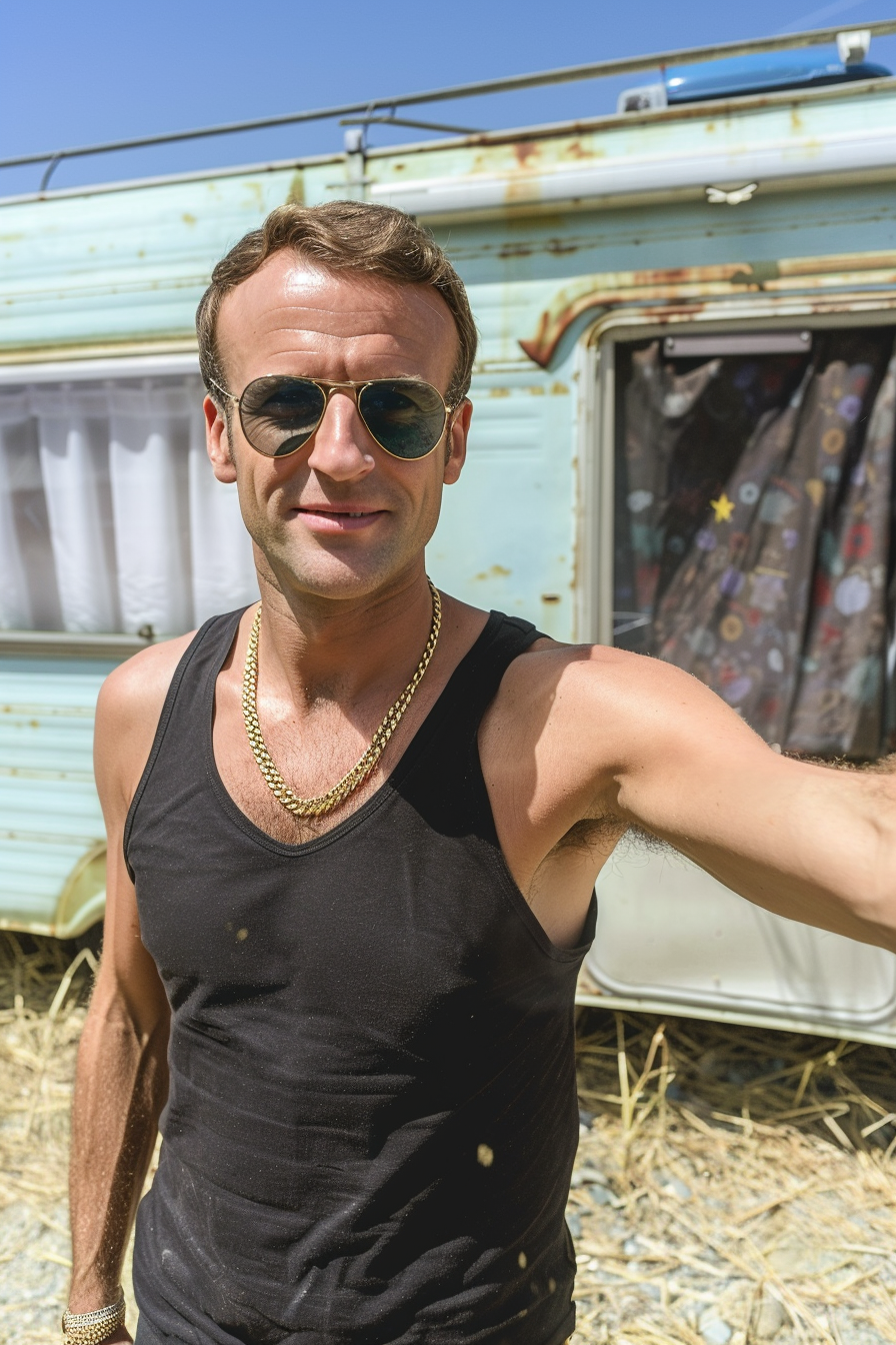 Emmanuel Macron takes selfie in front of caravan.