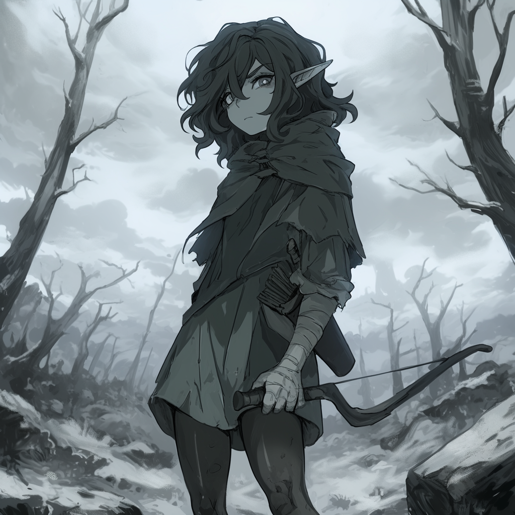 Emo elf with long hair in foggy forest.