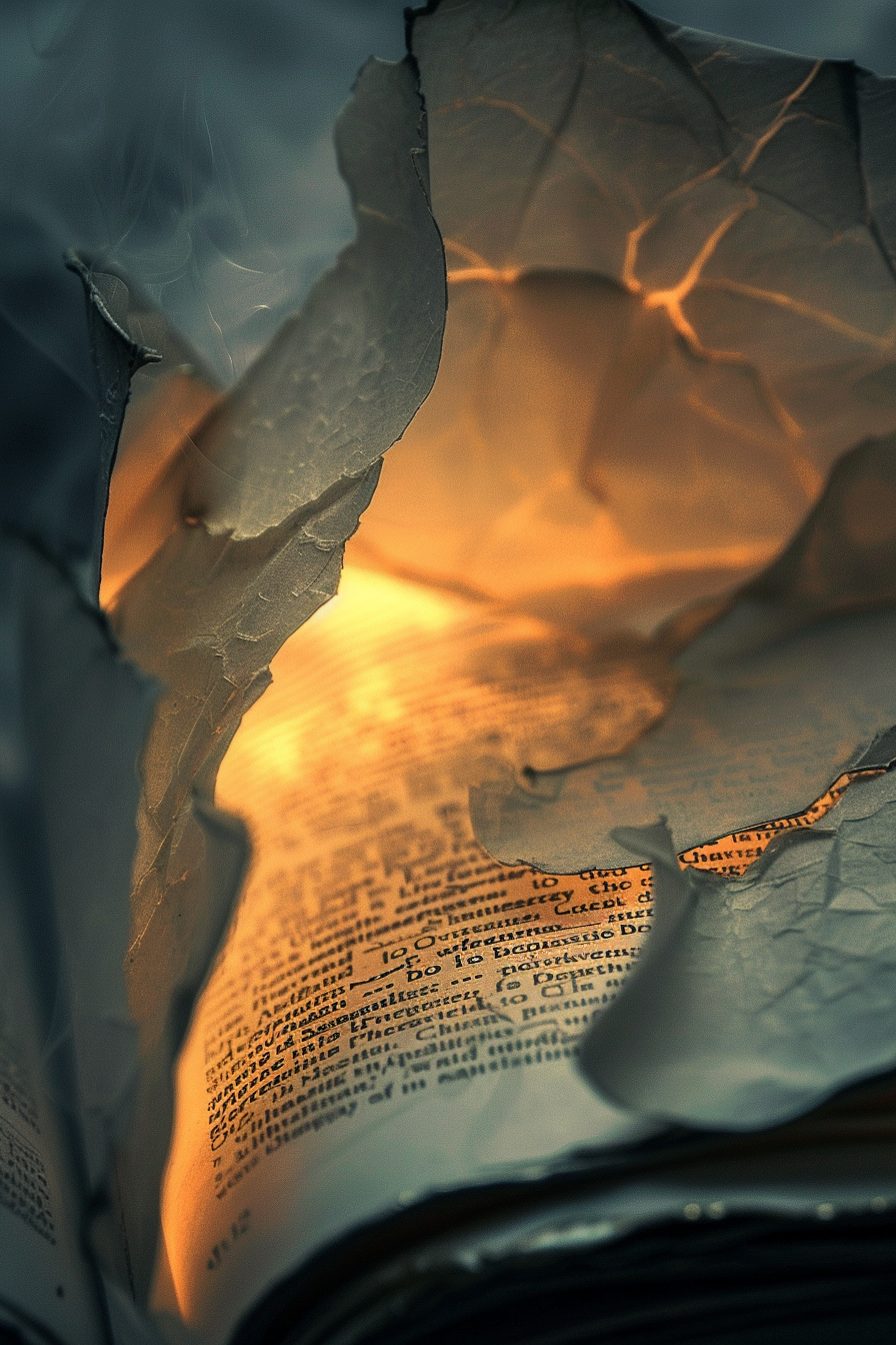 Emotional book pages turn in the wind, torn & glowing.