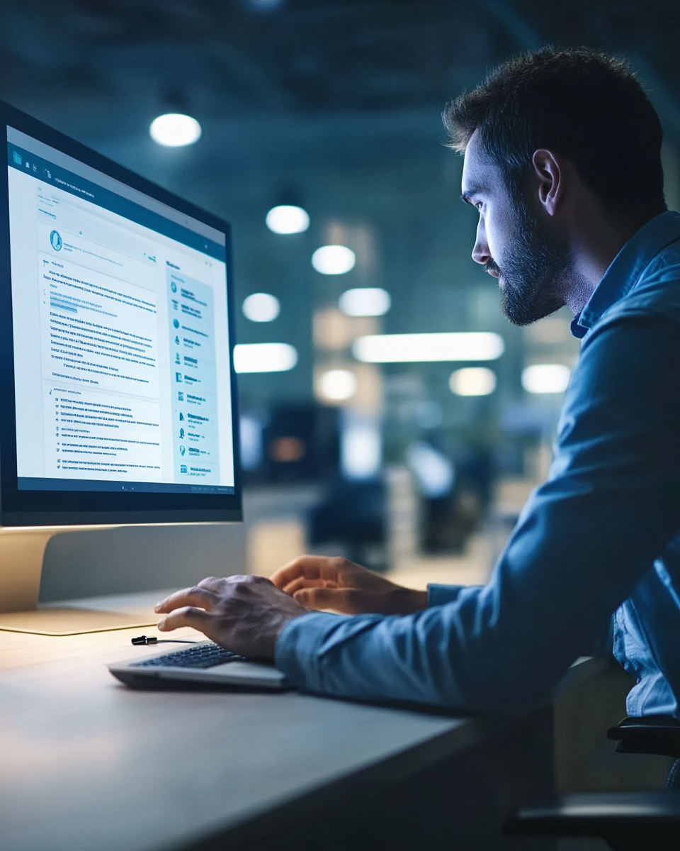 Employee focused at desk typing on modern computer.