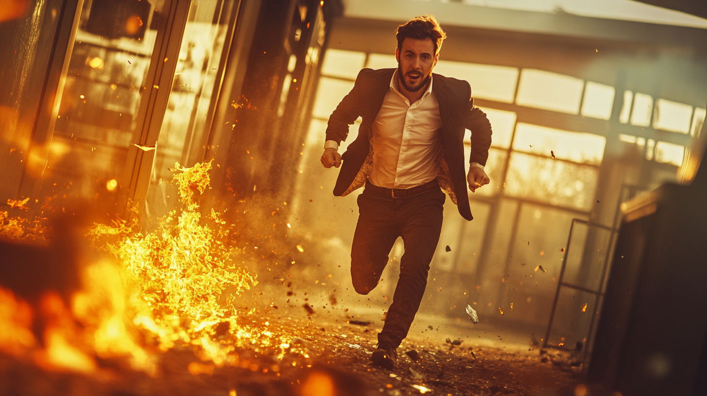 Employee happily stepping on fiery broken glass at sunrise.