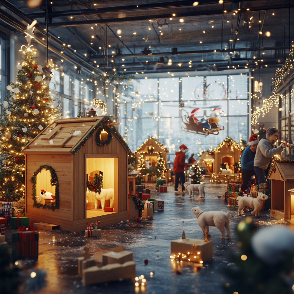 Employees build dog houses in festive Christmas office