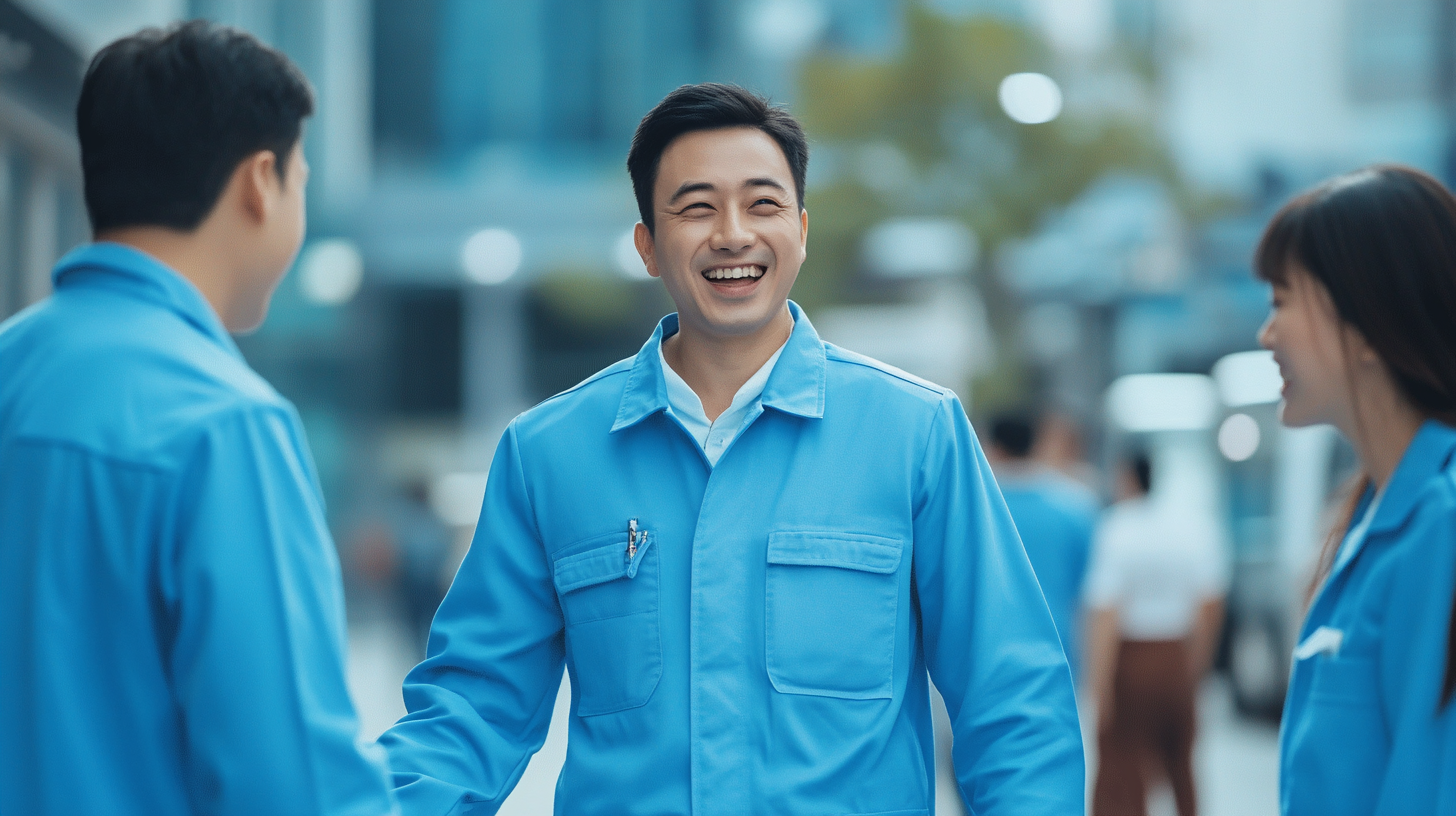 Employees chatting with customers in blue uniforms in city.