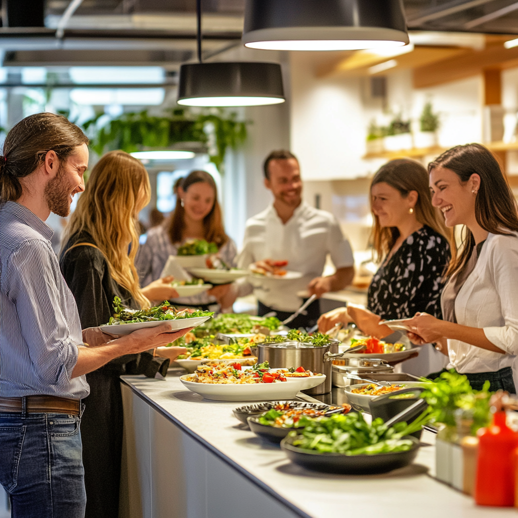 Employees in modern office kitchen, enjoying personalized meals.