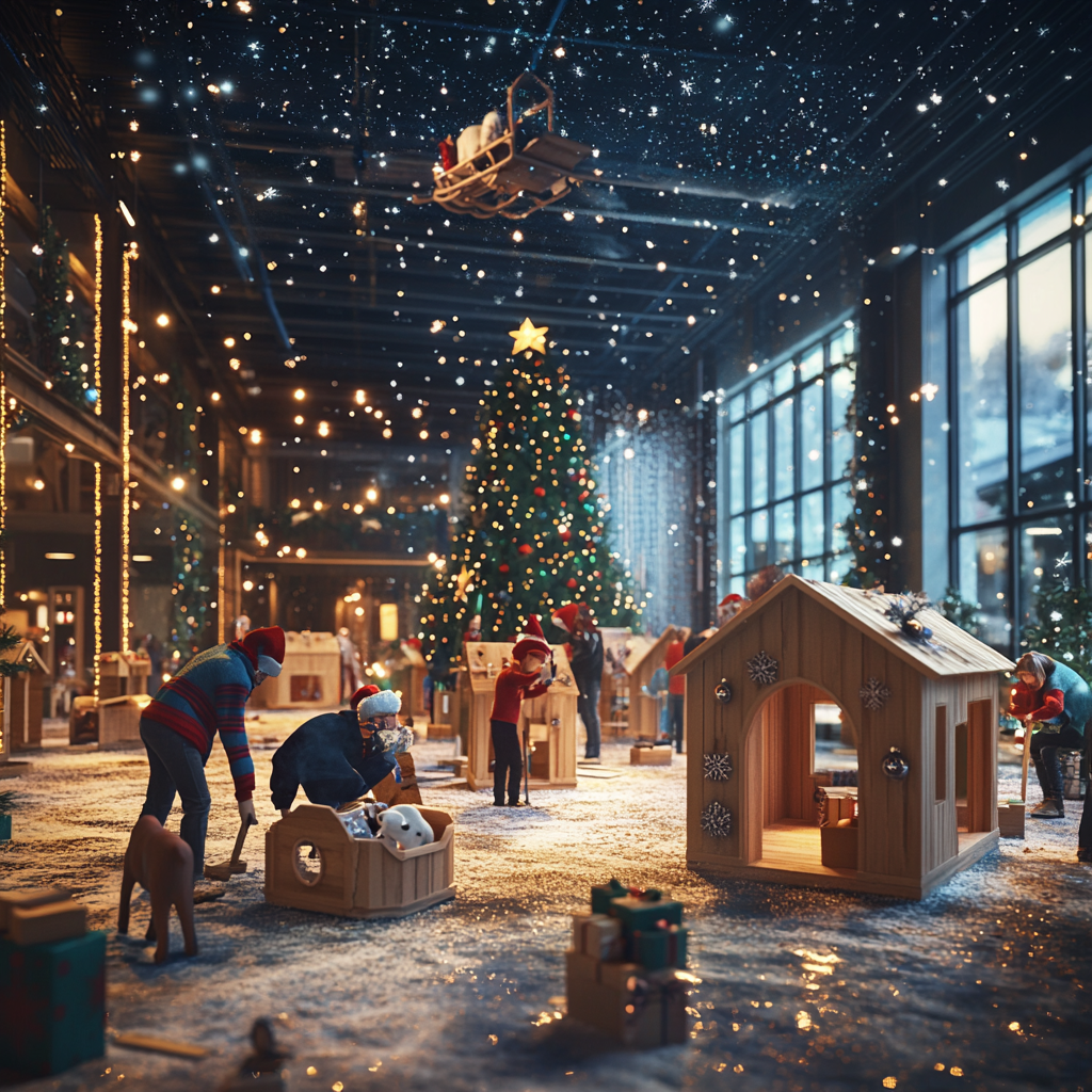 Employees making dog houses in Christmas-themed office