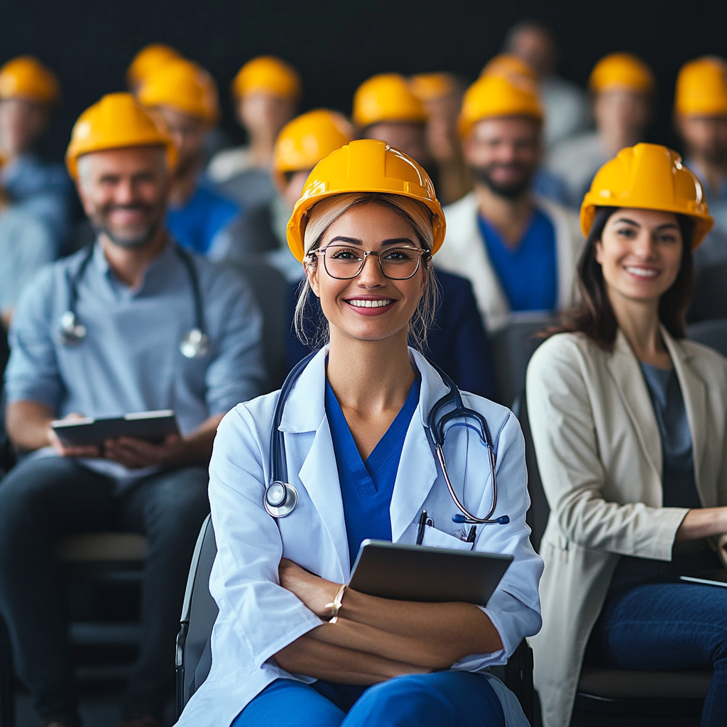 Employees smiling with tools on empty chairs in photo.