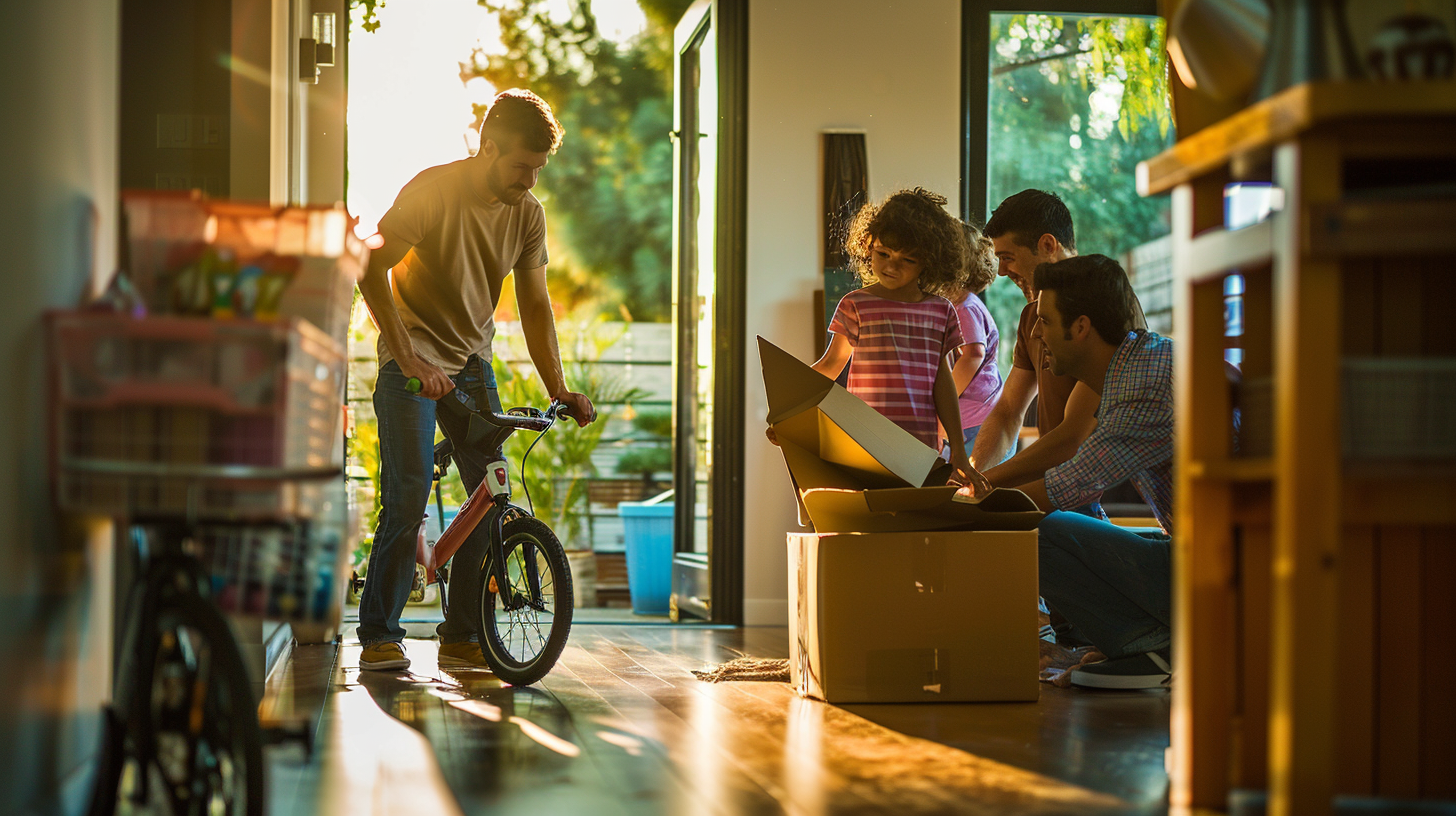 Employees wrap child's bike; family watches; morning light; vivid colors