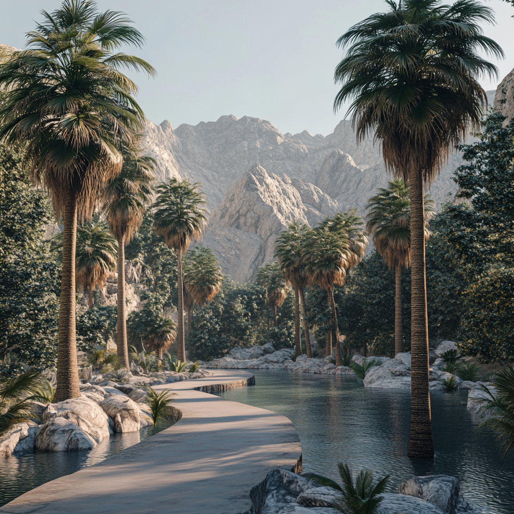 Empty, beautiful park with mountains, palms, river island.