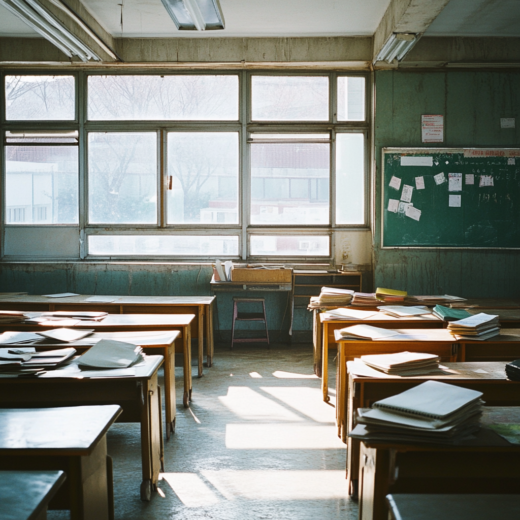 Empty, messy Korean classroom with dusty windows and books.