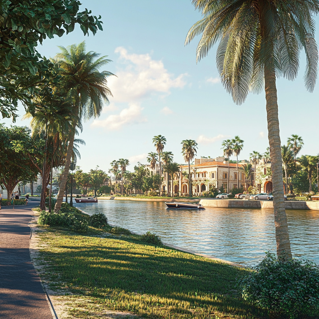 Empty, wide, historical southern European park with palms.