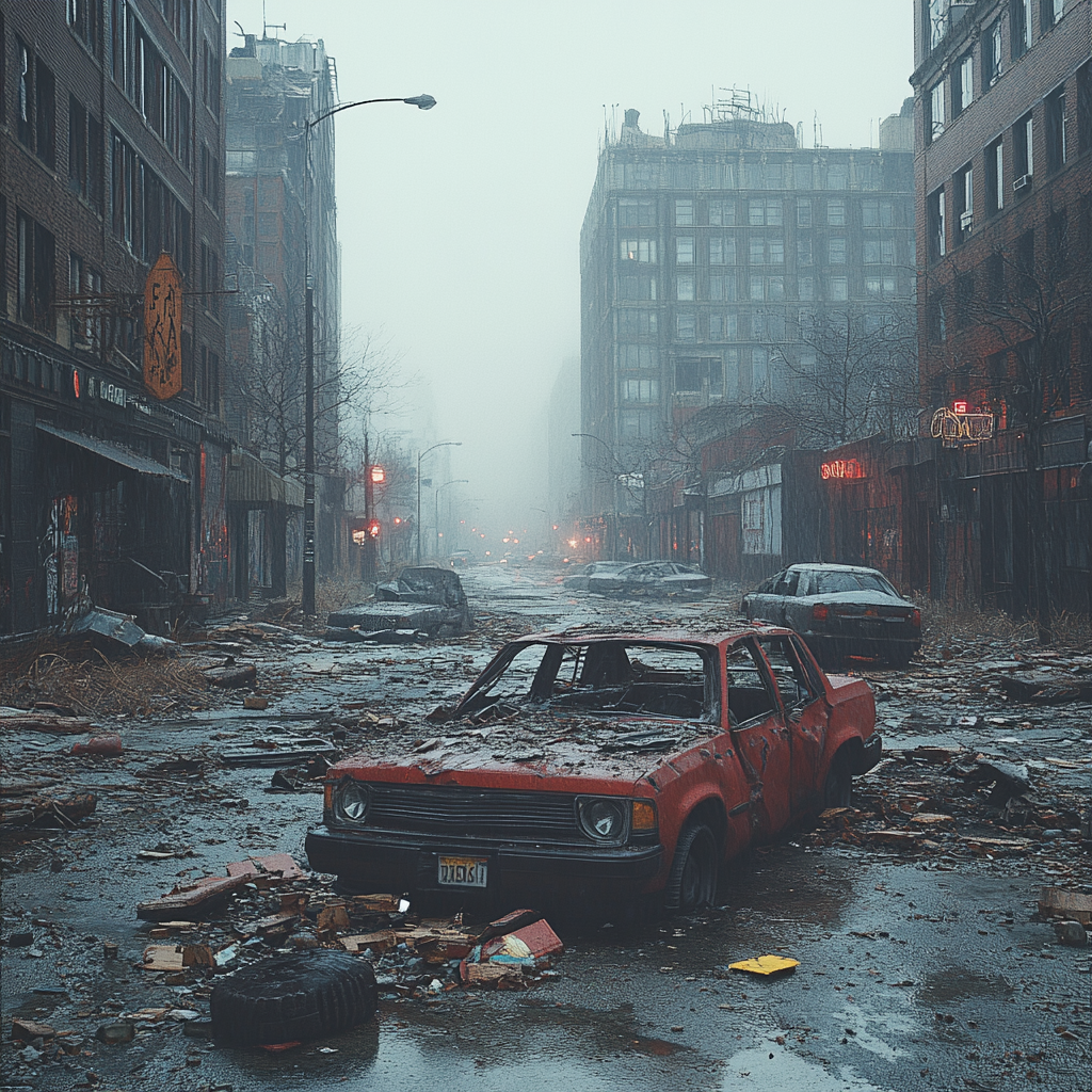 Empty Chicago streets during economic collapse, abandoned buildings, gray skies.