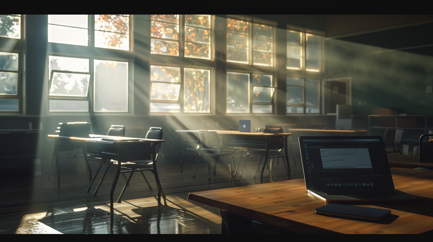 Empty Classroom with Laptop and Tablet in Sunlight