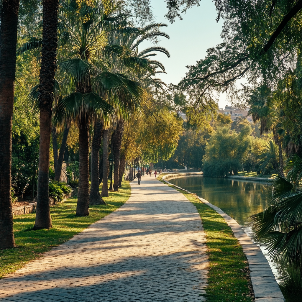 Empty beautiful park with palms in southern Europe.