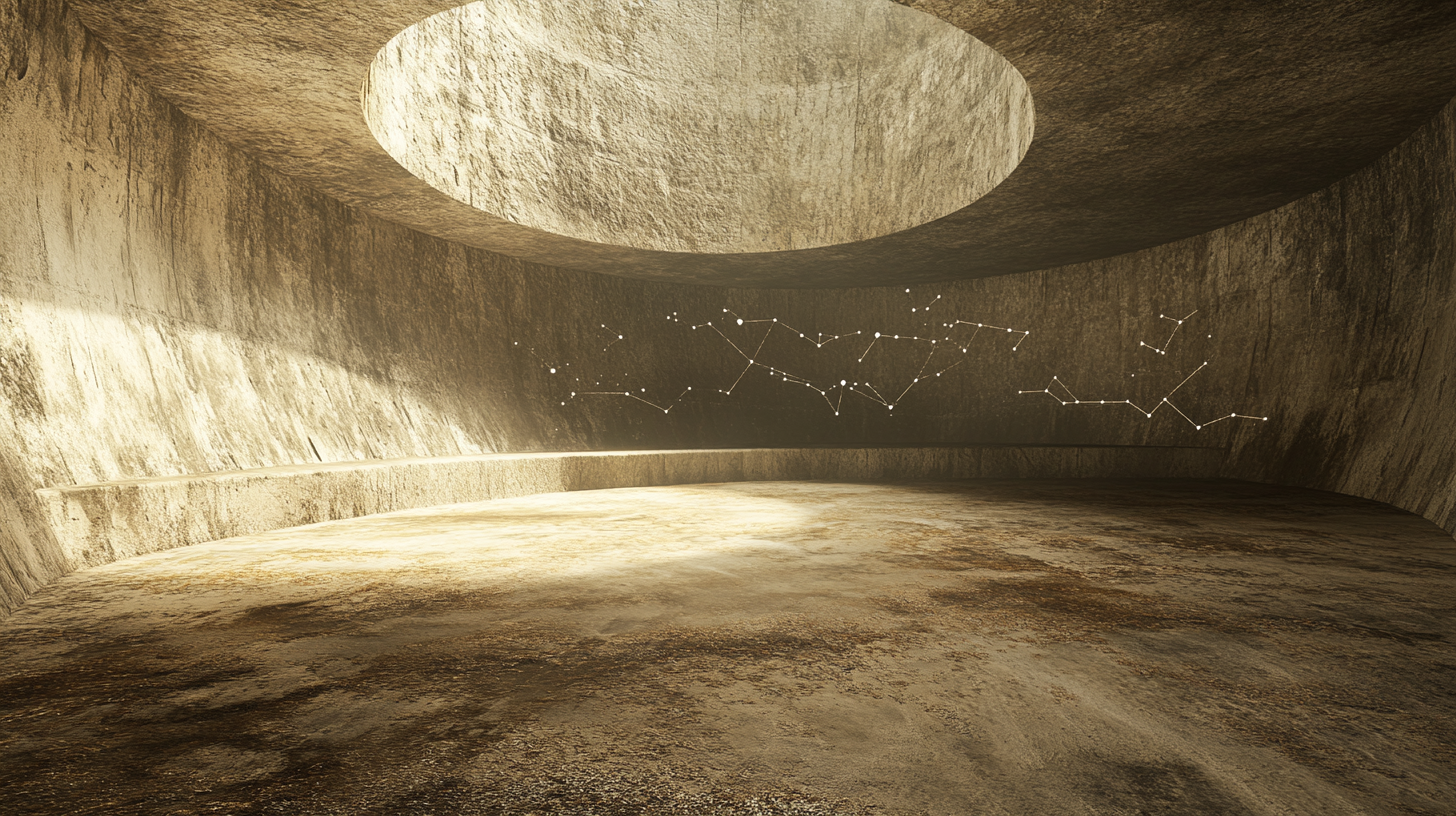 Empty circular room with sand floor and carved constellations.