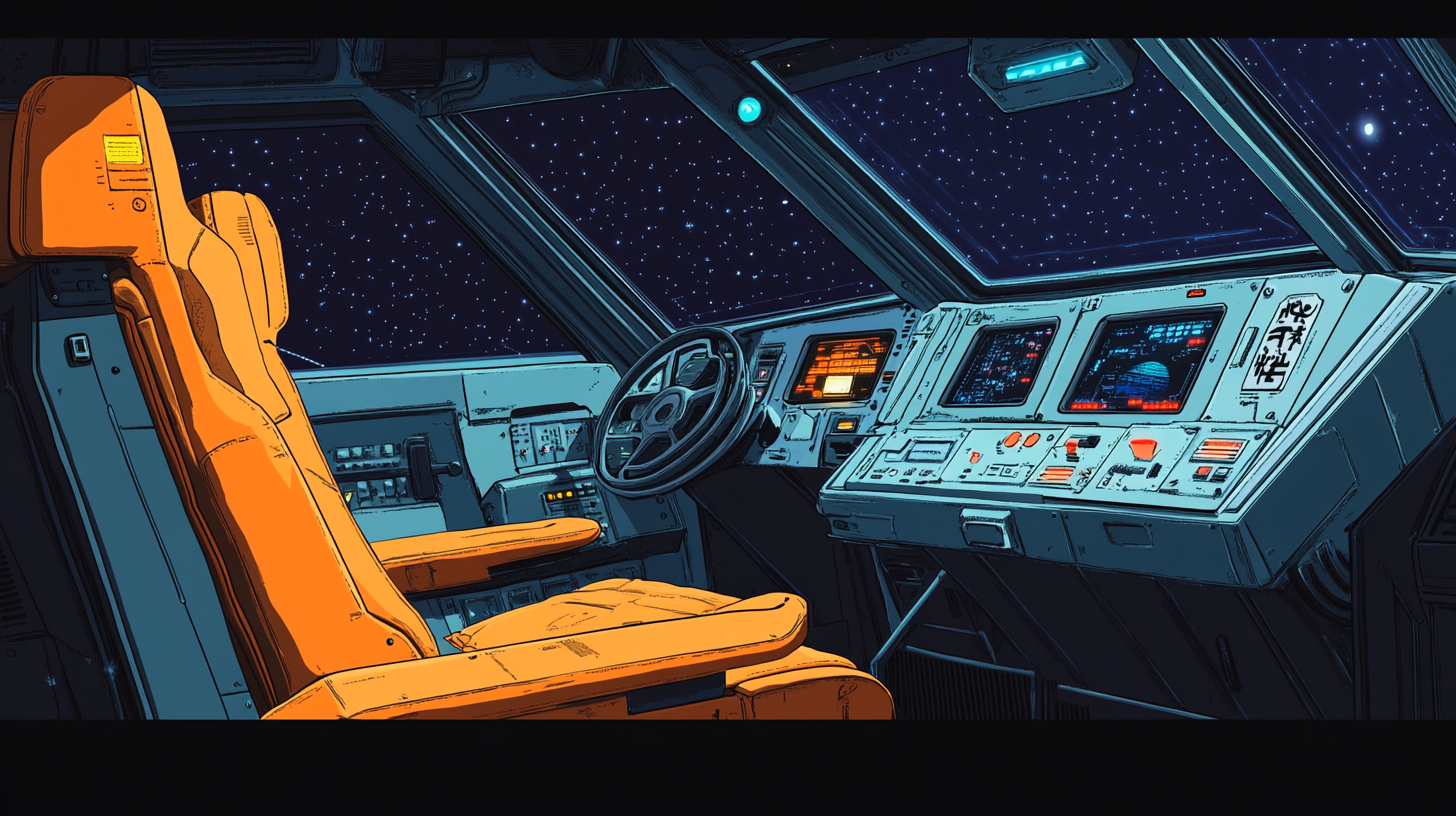 Empty cockpit of giant robot in retro style