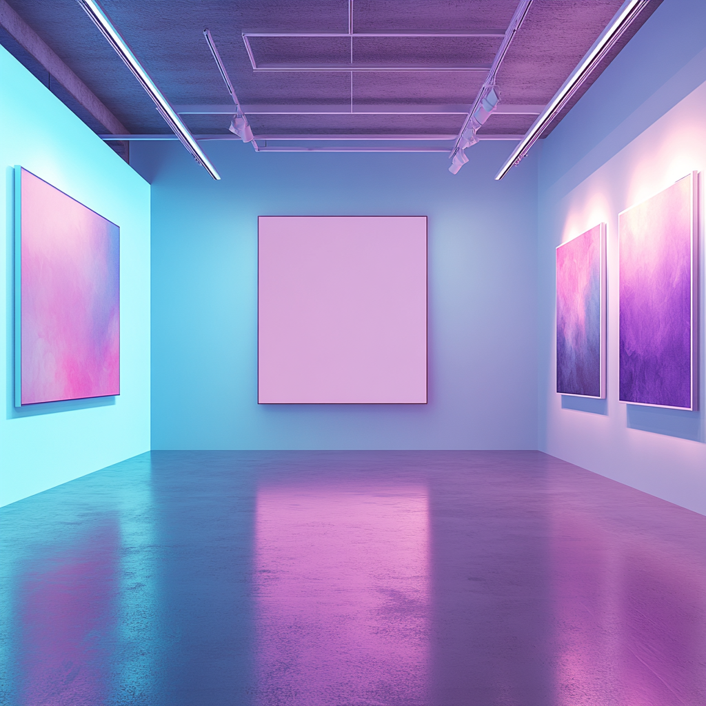 Empty contemporary gallery with turquoise walls and abstract painting canvas.