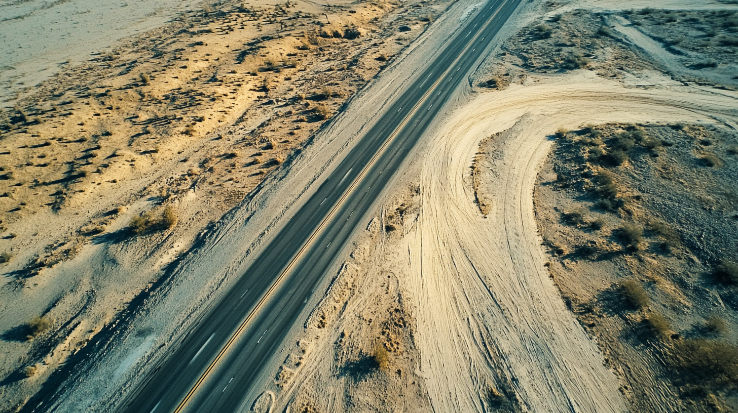 Empty desert with highway, 2D horizontal top-down view.