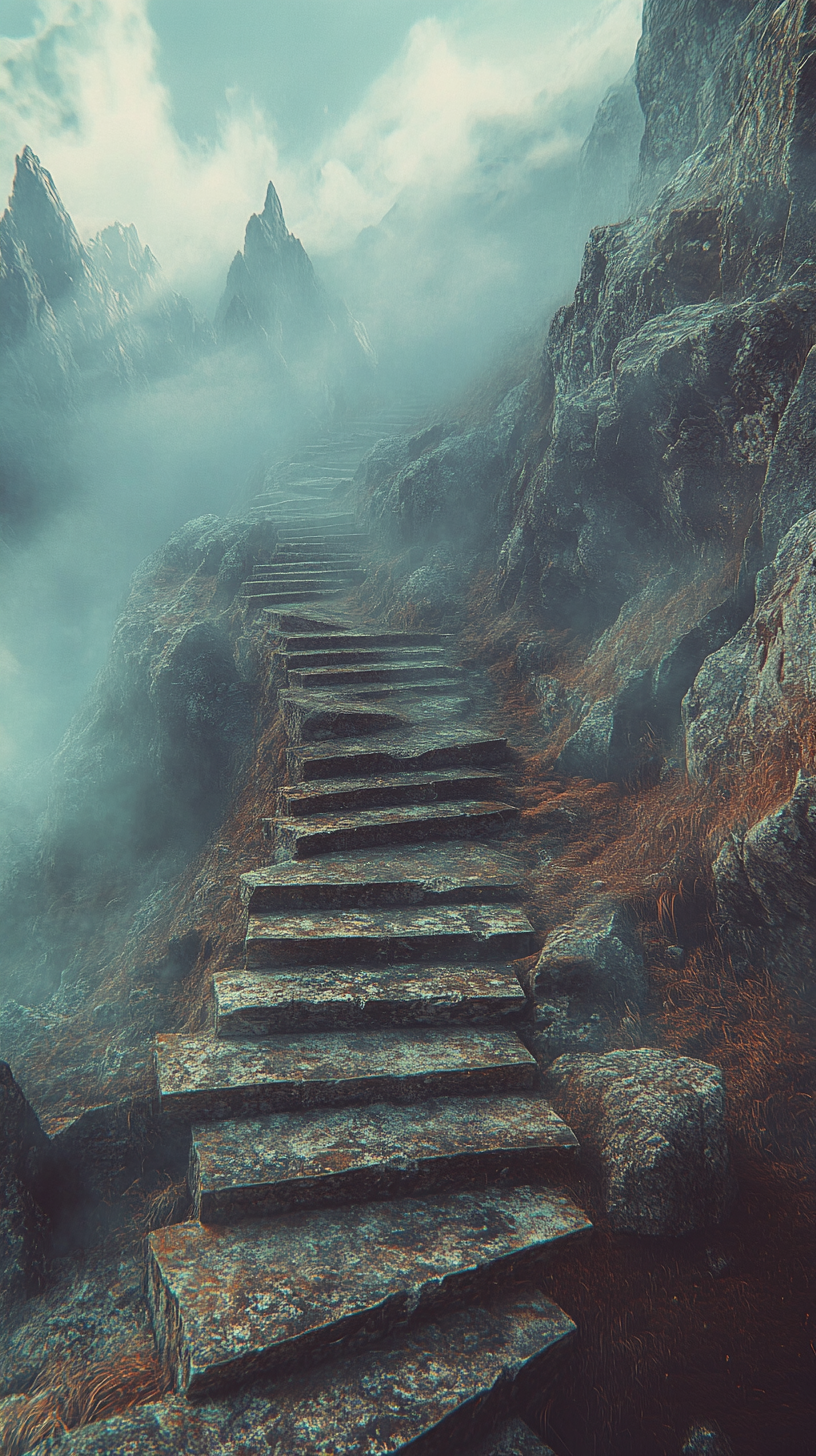 Empty endless stone stairs climbing through foggy mountain peaks.