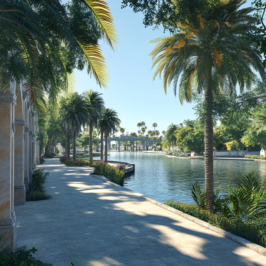 Empty historical park with palms on river island, daytime portrait.