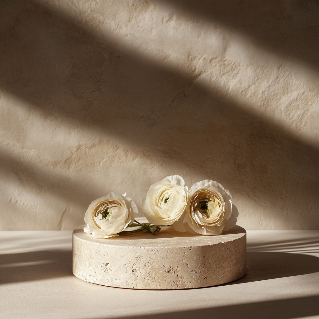 Empty product podium with travertine, flowers, luxury elegance.