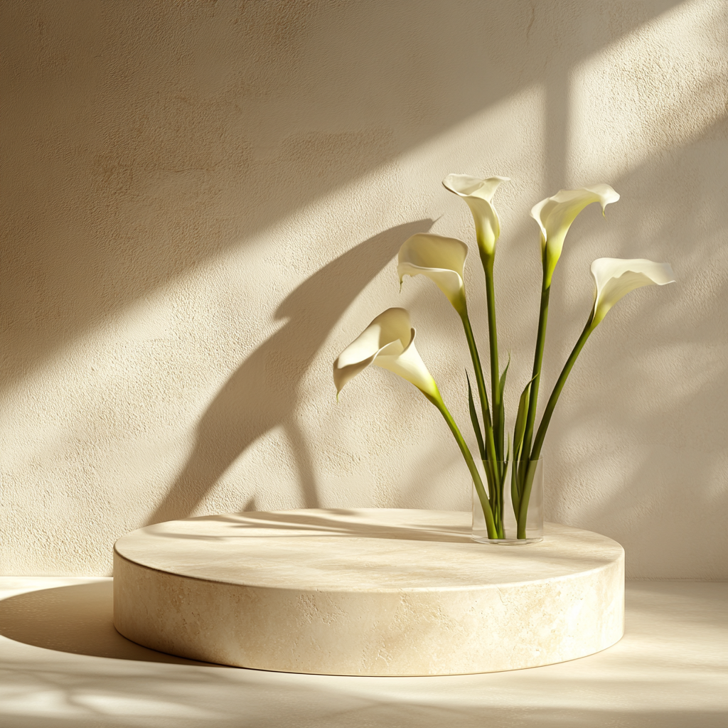 Empty product podium with travertine rustic style and calla lilies