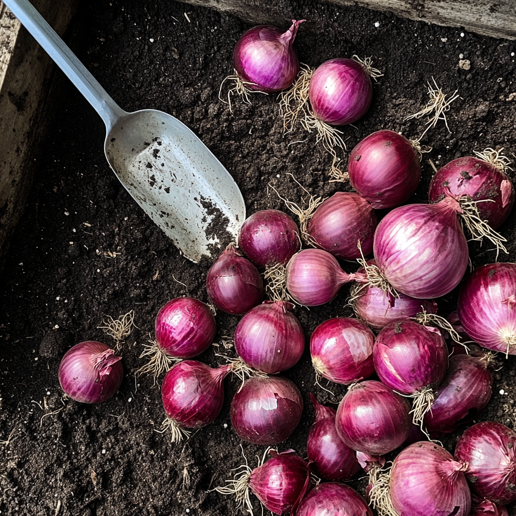 Empty raised bed, large pile of red onions nearby.