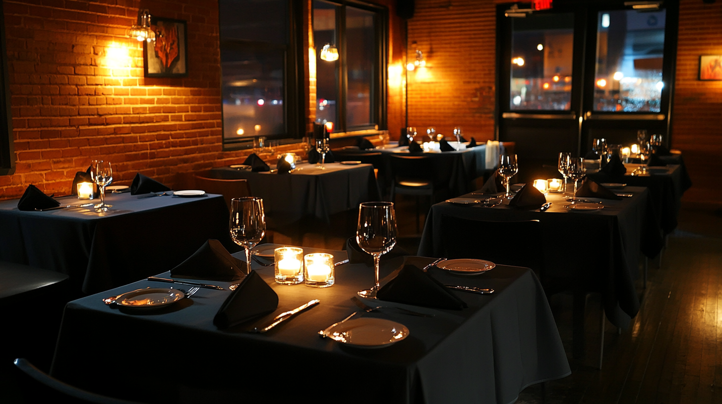 Empty restaurant at night with warm lighting and candles.