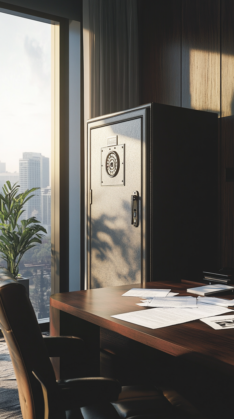 Empty safe in executive's office, contents missing.