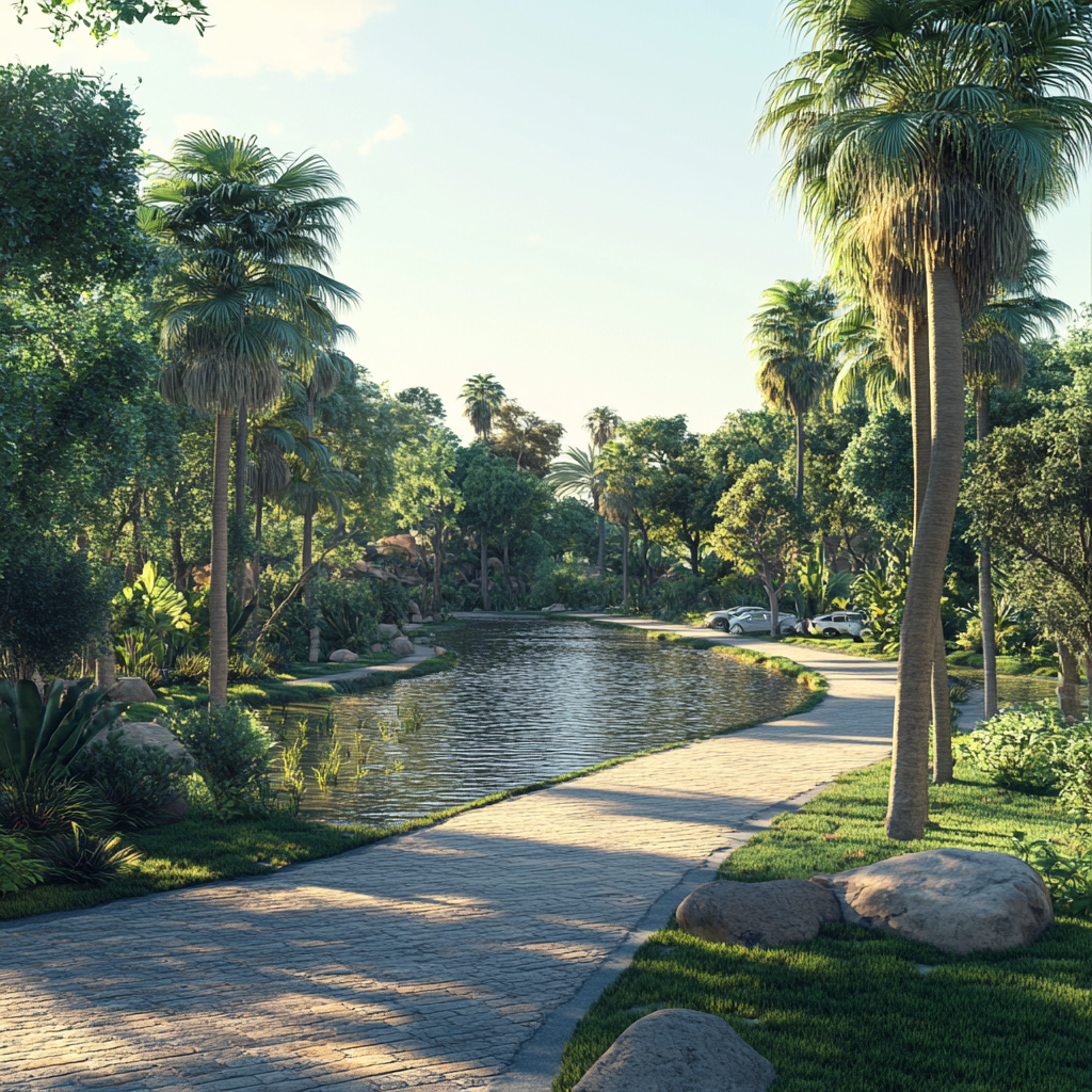 Empty southern European park with palm trees overlooking river.