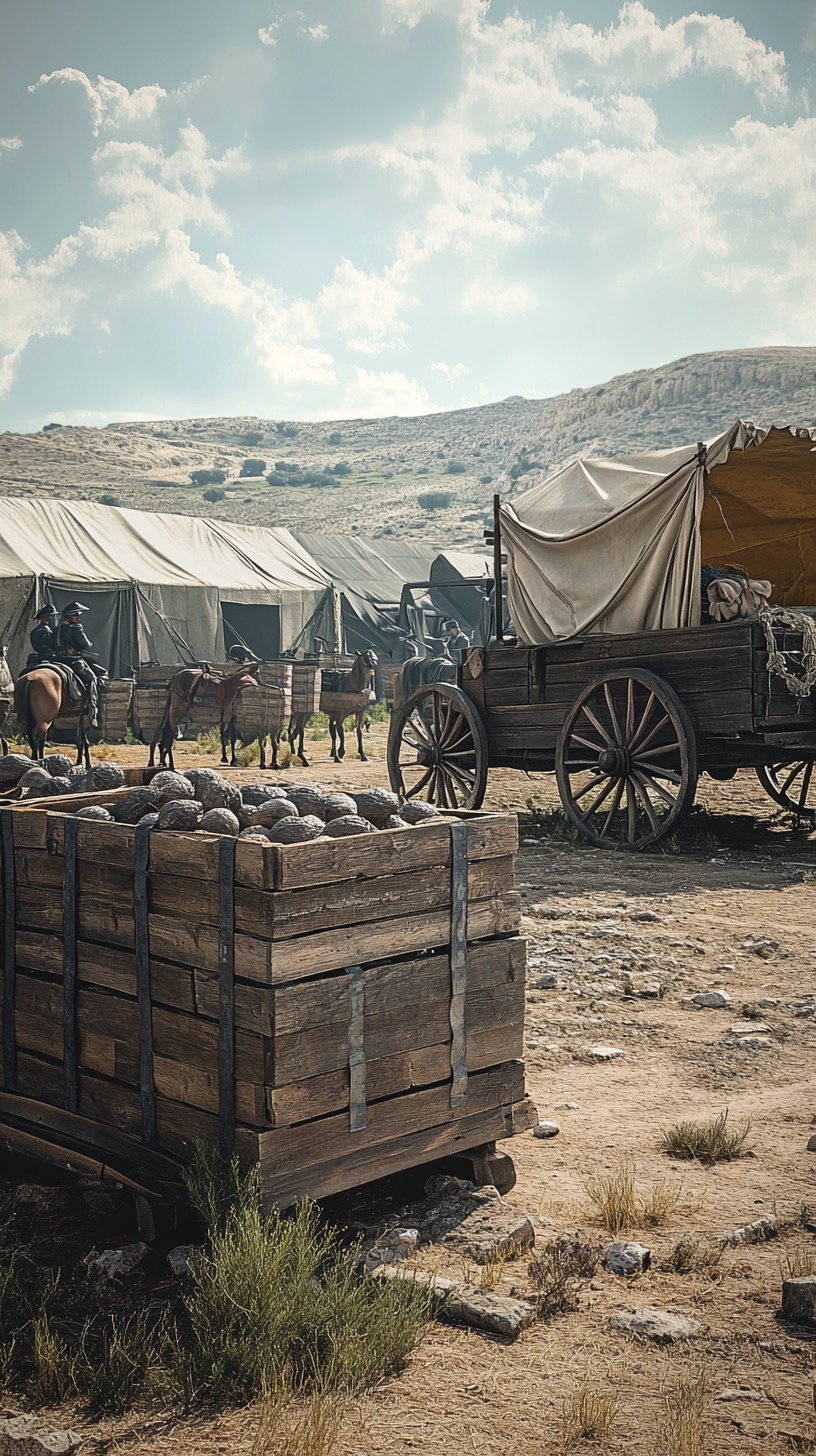 Empty supply wagons and soldiers with tired expressions.