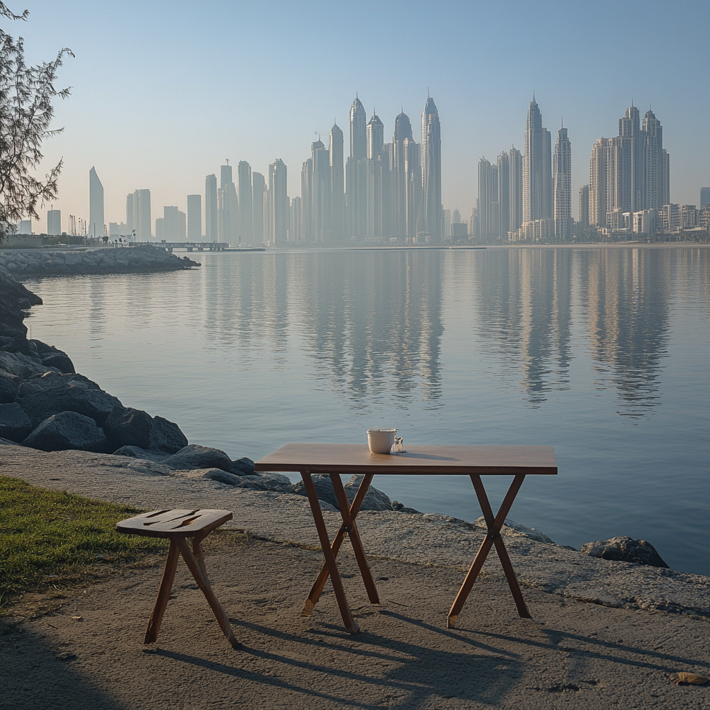 Empty table near Dubai skyline by the waterfront.