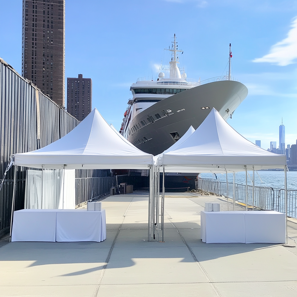 Empty tents and cruise ship in NYC