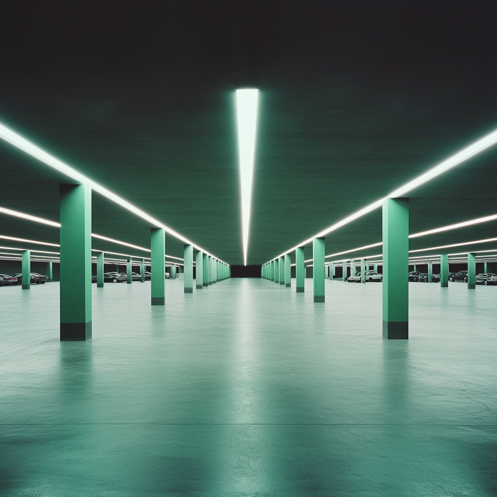 Empty underground parking lot with green pillars