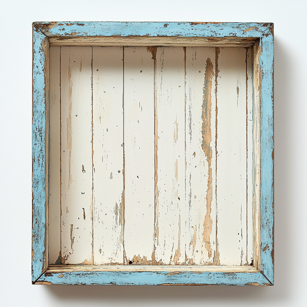 Empty vintage shadowbox with light blue stripes on white.